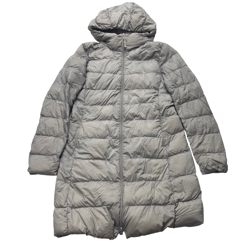 Uniqlo Seamless Down Puffer Coat Women Small Gray Ultra Light Hooded Long Jacket